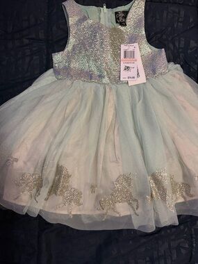 Pink & Violet Girls' Sparkle Unicorn Tulle Dress in Light Blue Size 2T